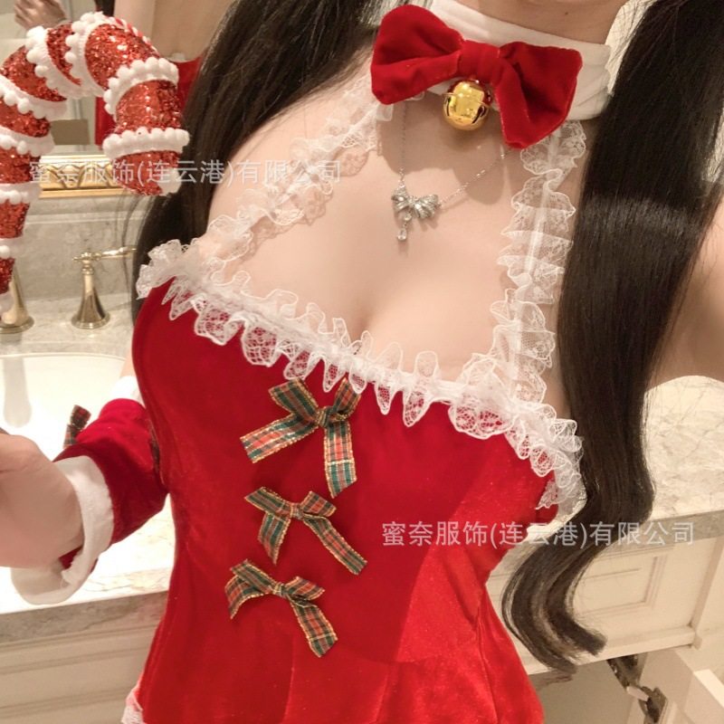Christmas Velvet Tube Top Halterneck Naked Back Cute Christmas Elk Suit Sexy Intimates Sexy New Year's Shirt for Women