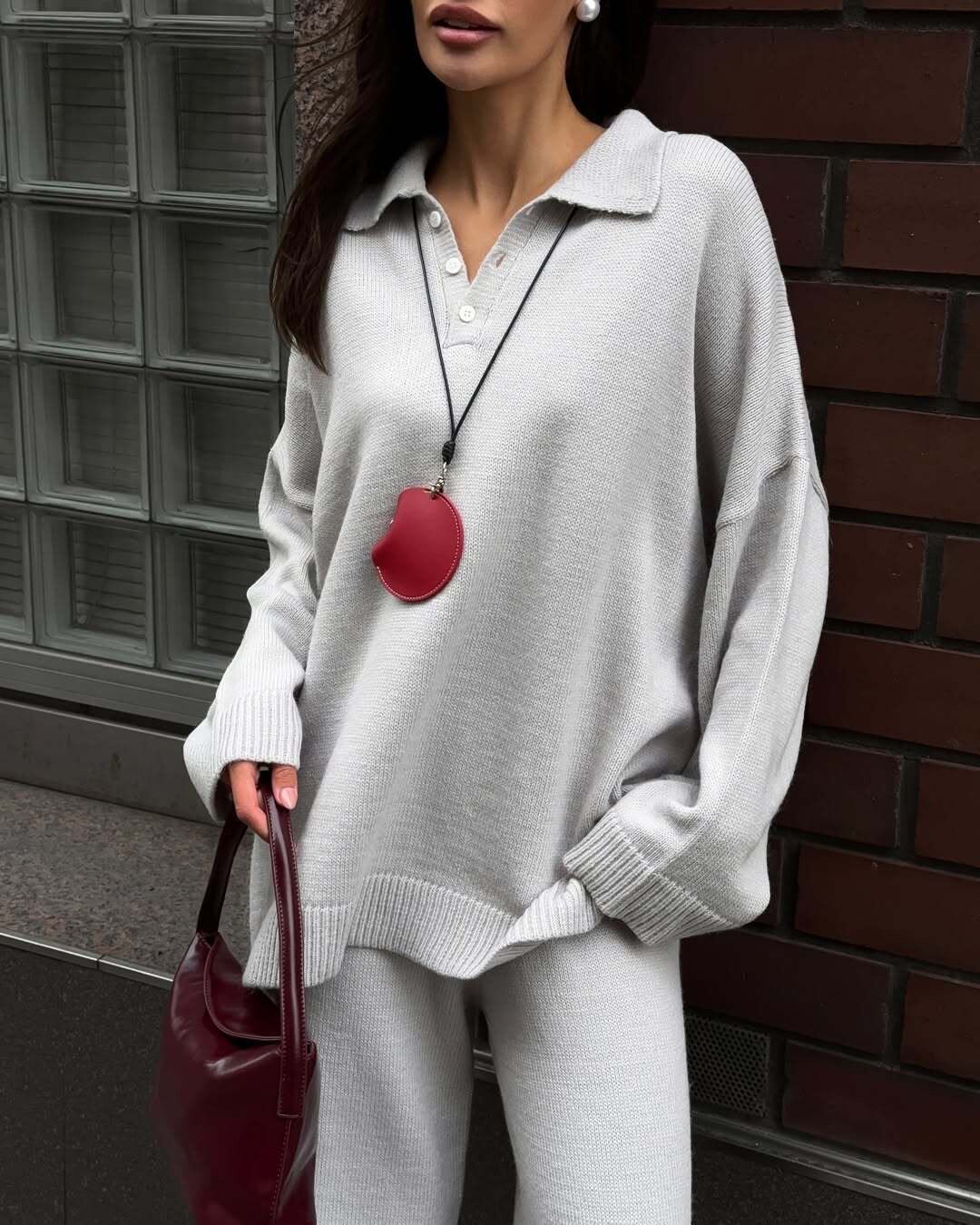 Womens Autumn Winter Solid Color Polo Neck Sweater Set Loose Fit Knit Sweater and Wide Leg Pants Casual Wear Wholesale