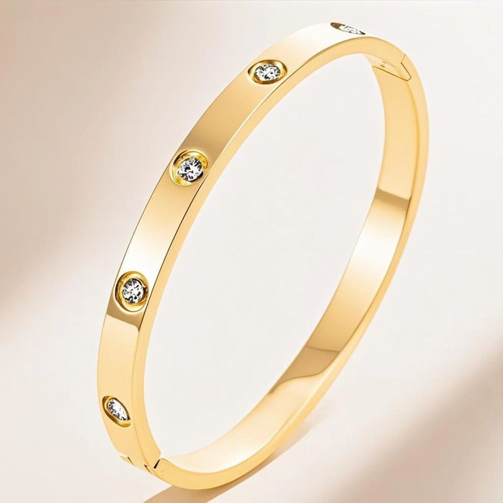 玫瑰金跨境钛钢女款手镯不锈钢轻奢高级感小众时尚锆石手环手镯