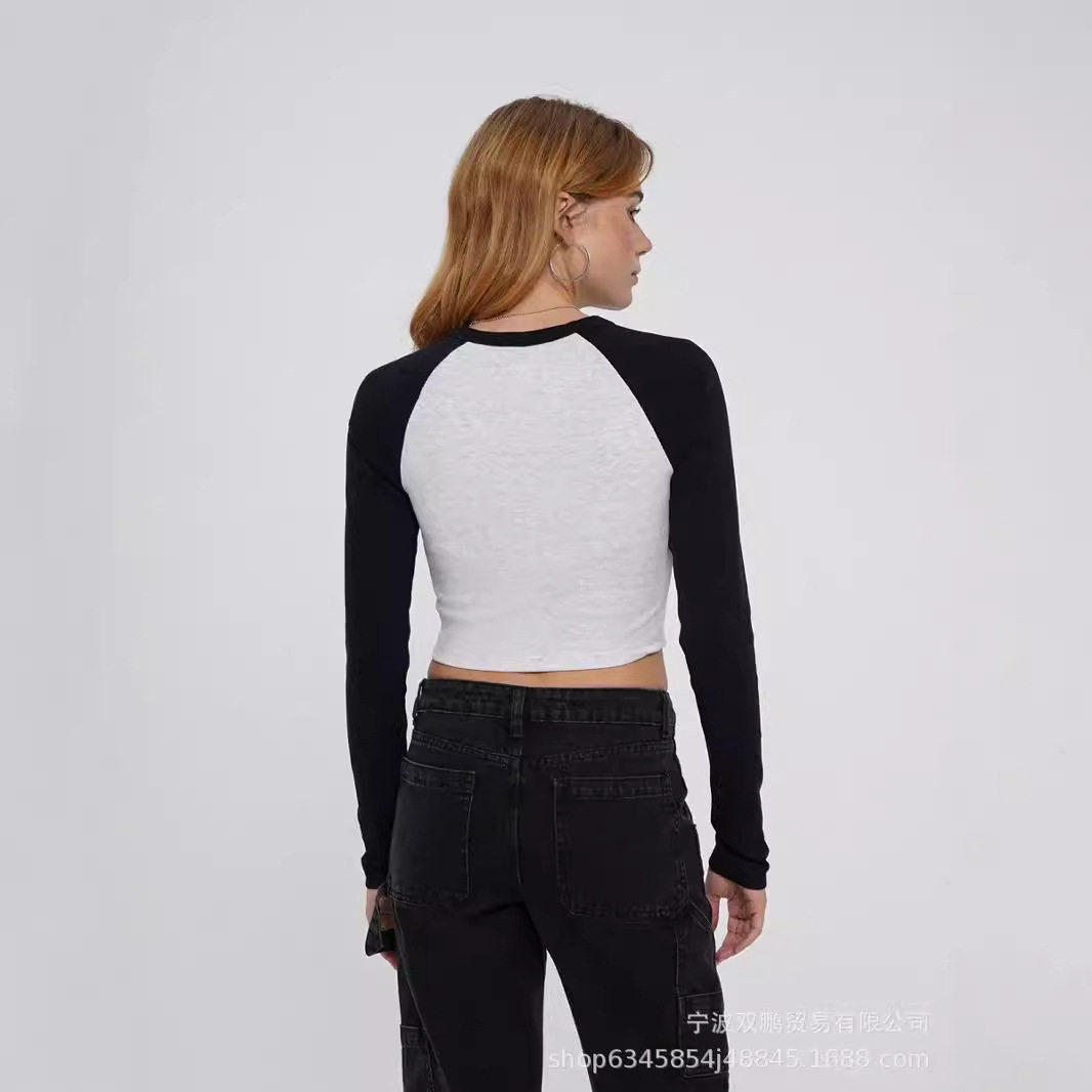 Long Sleeve Cropped T Shirt Slim Fit Color Block Raglan Sleeve Knit Fabric Casual Wear for Autumn and Winter