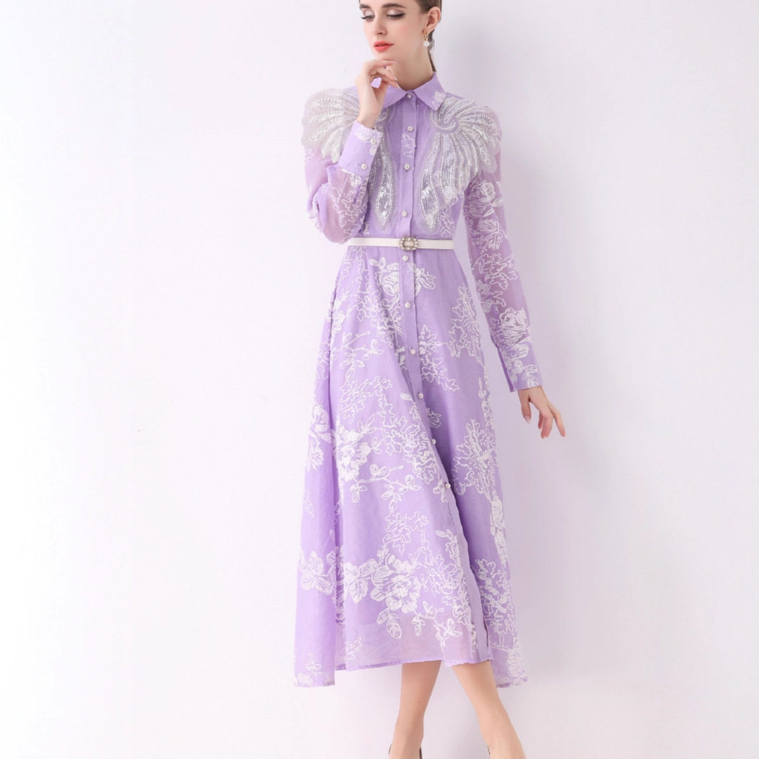 Vintage Inspired Embroidered Midi Dress Slim Fit Waist Cinching Lantern Sleeves Elegant Occasion Wear Wholesale