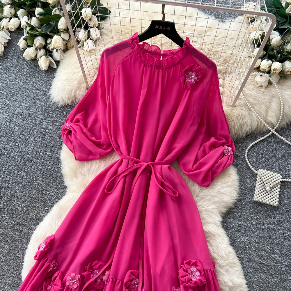 Elegant Summer A Line Dress for Women High Waist 3D Floral Design Long Sleeve Perfect for Formal Occasions
