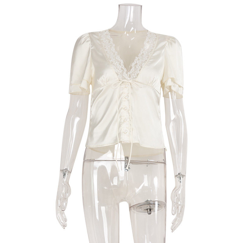 French Lace Panel Tie T Shirt Slim Fit Short Sleeve Summer Style Perfect for Casual Outings Wholesale Available