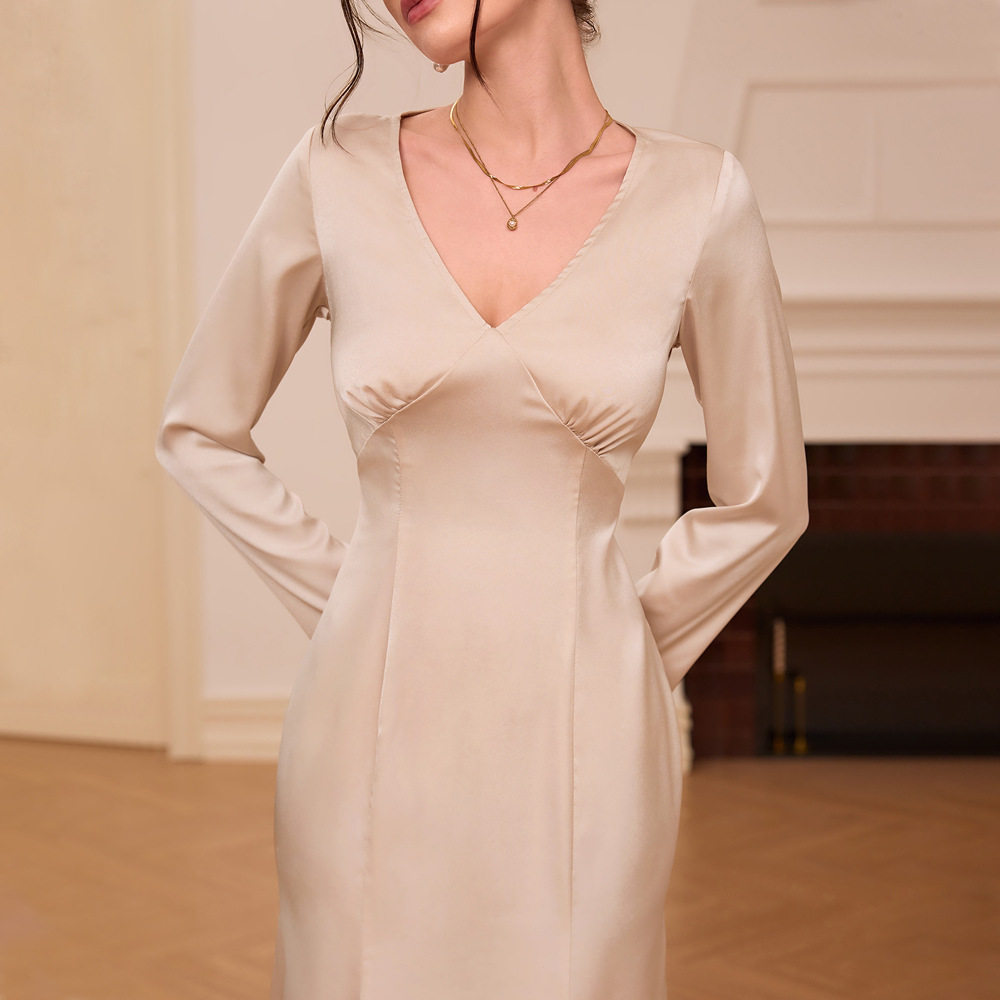 French V Neck Satin Maxi Dress High Waist Slim Fit Elegant Style Perfect for Autumn and Winter Wholesale Available
