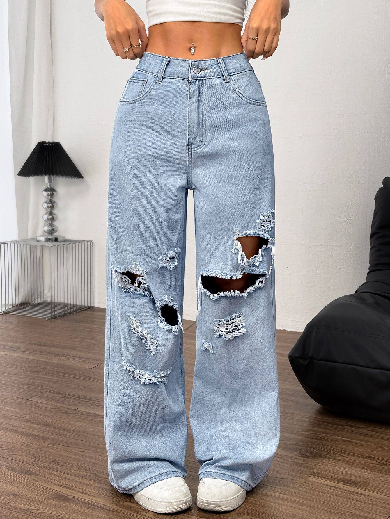 Loose Fit Butterfly Embroidered Ripped Denim Pants Womens Casual Style Perfect for Everyday Wear Ready to Ship