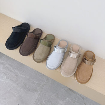 Cross-Border New Genuine Leather Slippers, Fashionable and Versatile Flat Slippers, Velcro Women's Shoes, Toe-Toe Slippers, Large Size Outer Slippers