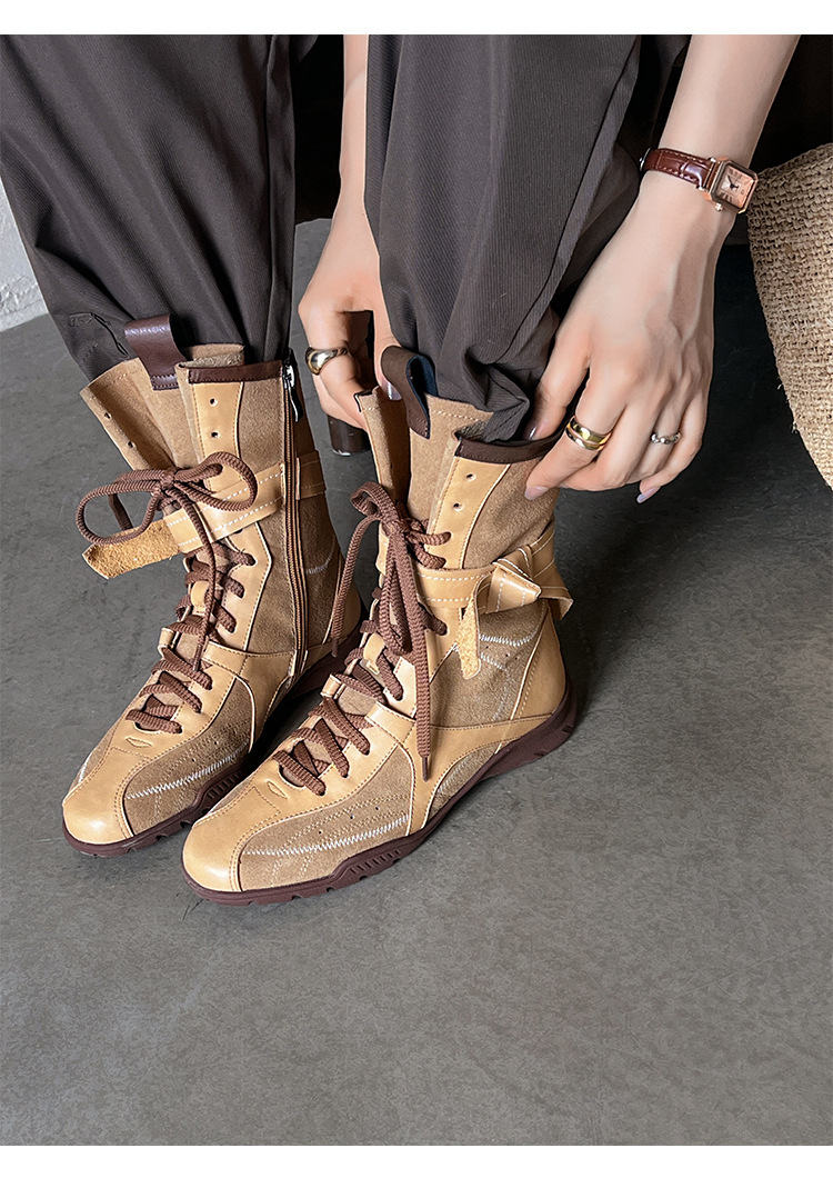 Boot nữ da bò lộn cổ thấp tăng chiều cao gót 3cm — Màu đen, Màu kaki, Màu nâu