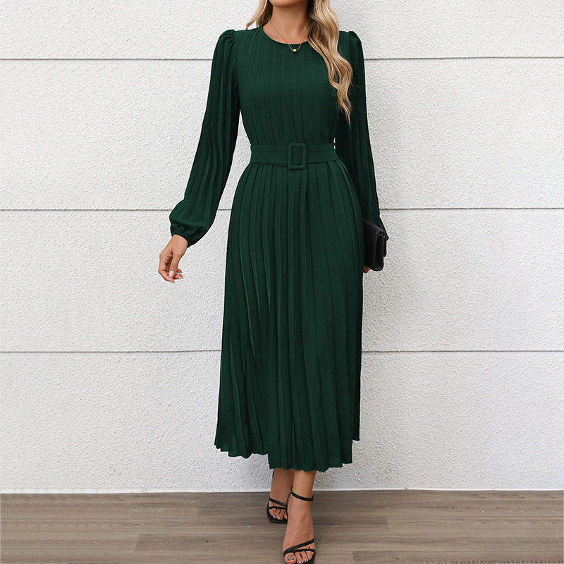 Elegant Vintage Long Sleeve Pleated Dress Solid Color Office Wear Autumn Style Wholesale Available