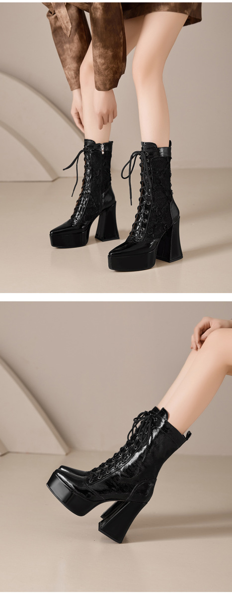 Boot nữ cao gót 12cm buộc dây phối ren đế dày cổ thấp — Da bò đen + lót nhung ren, Da bò đen + lót ren, Lớp lót bằng da bò màu đen