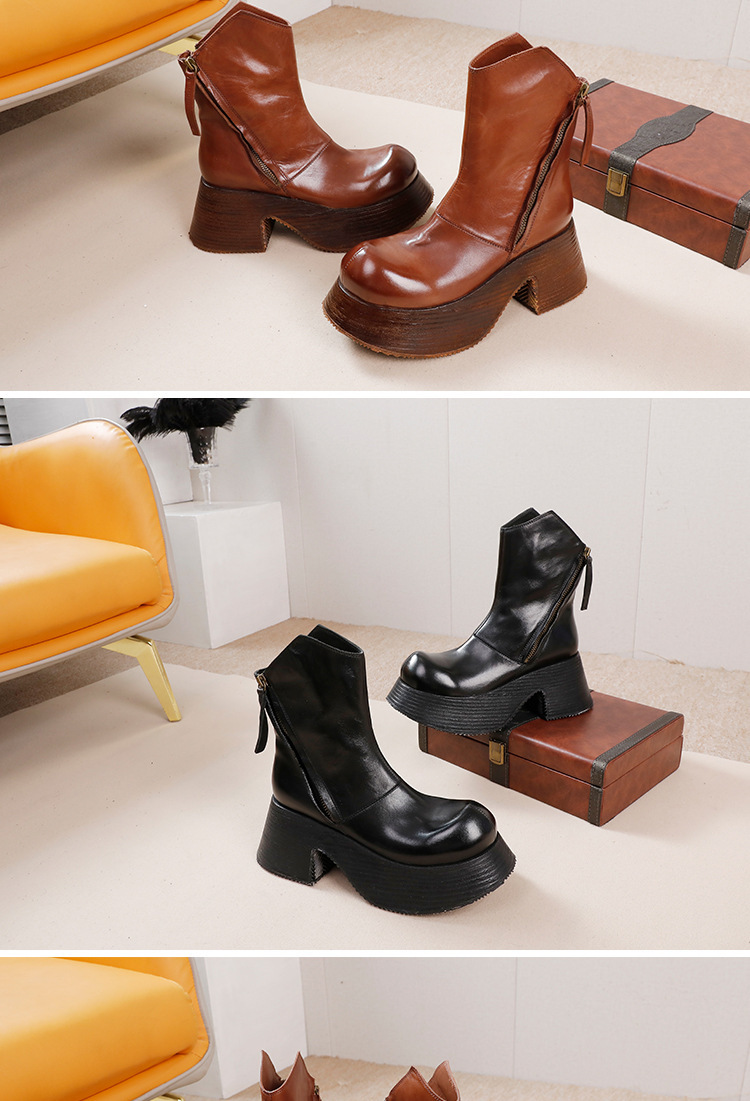 Boot nữ cổ thấp da ngựa thật gót thô khóa kéo bên — Màu cà phê, Màu đen