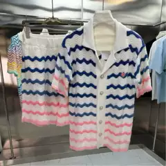 Cross-Border Casa Men's Casual Suit Knitted Wool Sweater Short-Sleeved Shirt Shorts Pearl Buttons Color Matching Wide
