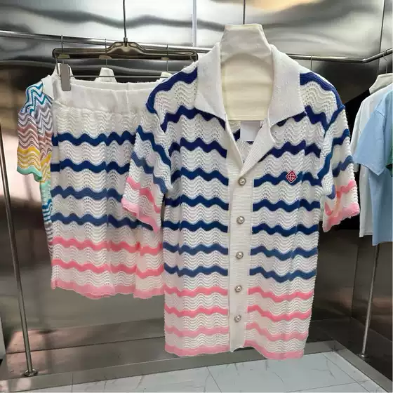 Cross-Border Casa Men's Casual Suit Knitted Wool Sweater Short-Sleeved Shirt Shorts Pearl Buttons Color Matching Wide