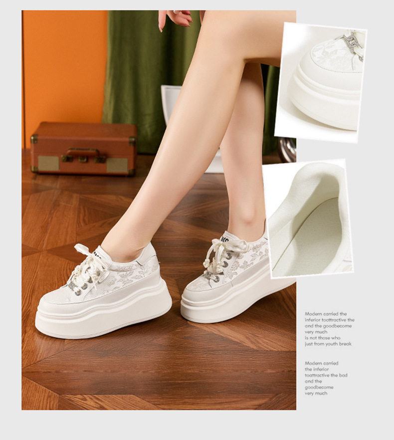 Giày sneaker nữ chunky đế dày phong cách Hàn Quốc, mũi tròn, dây buộc — Hồng vàng, Trắng chi tiết 2
