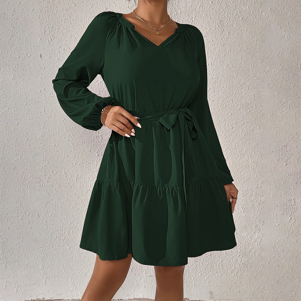 Casual Long Sleeve Ruffled Hem Dress Loose Fit Waist Defined Elegant Style Spring Summer Collection Wholesale
