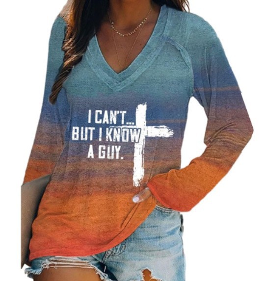 外贸跨境夏季女装简约休闲v领长袖T恤印花T恤女 独立站厂家货源