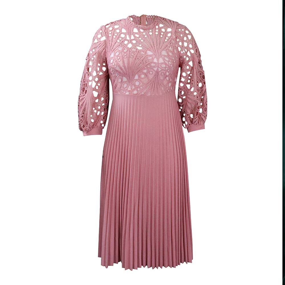 Plus Size Womens Lace Panel Pleated Hollow Out Dress Elegant Design Summer Style African Fashion Wholesale Available