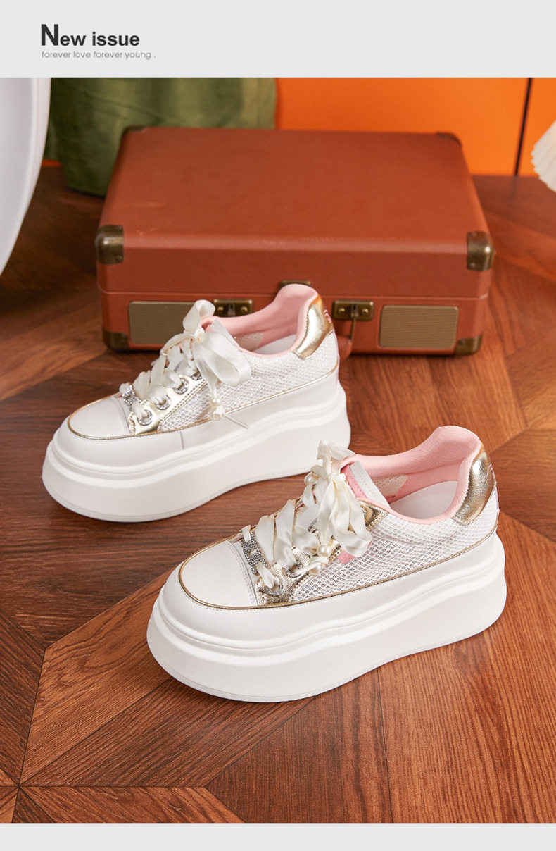 Giày sneaker nữ chunky đế dày trắng phối dây buộc phong cách platform — Trắng, Bột trắng chi tiết 14