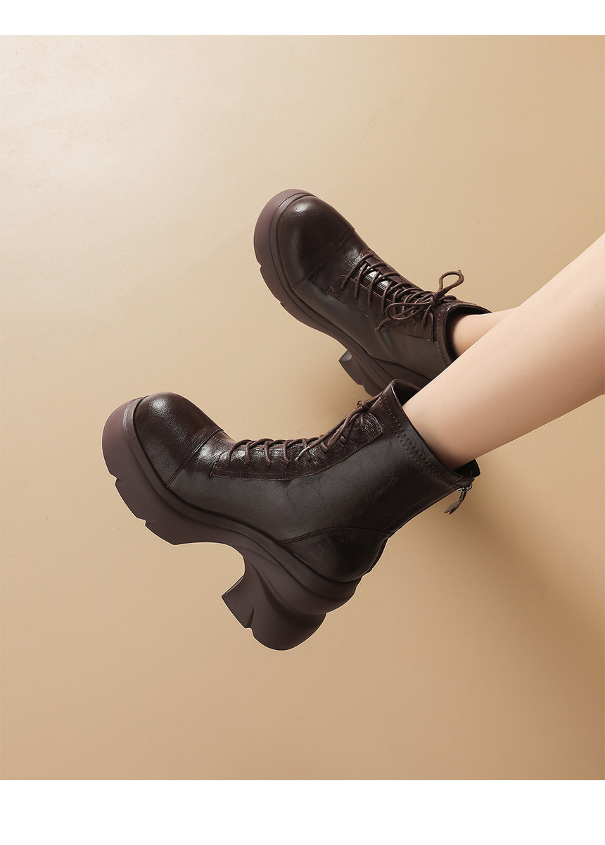 Boot nữ cổ thấp gót 10cm đế dày co giãn khóa kéo sau — Bảng màu nâu, Màu đen bên trong, Màu nâu., Trong danh sách đen