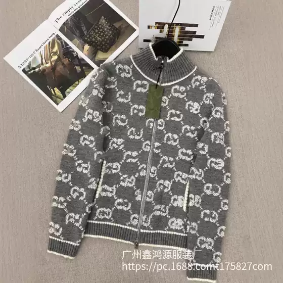 High Version Nanyou g Family New Towel Embroidered Stand Collar Zipper Double g Full Printed Knitted Wool Cardigan Women's Clothing