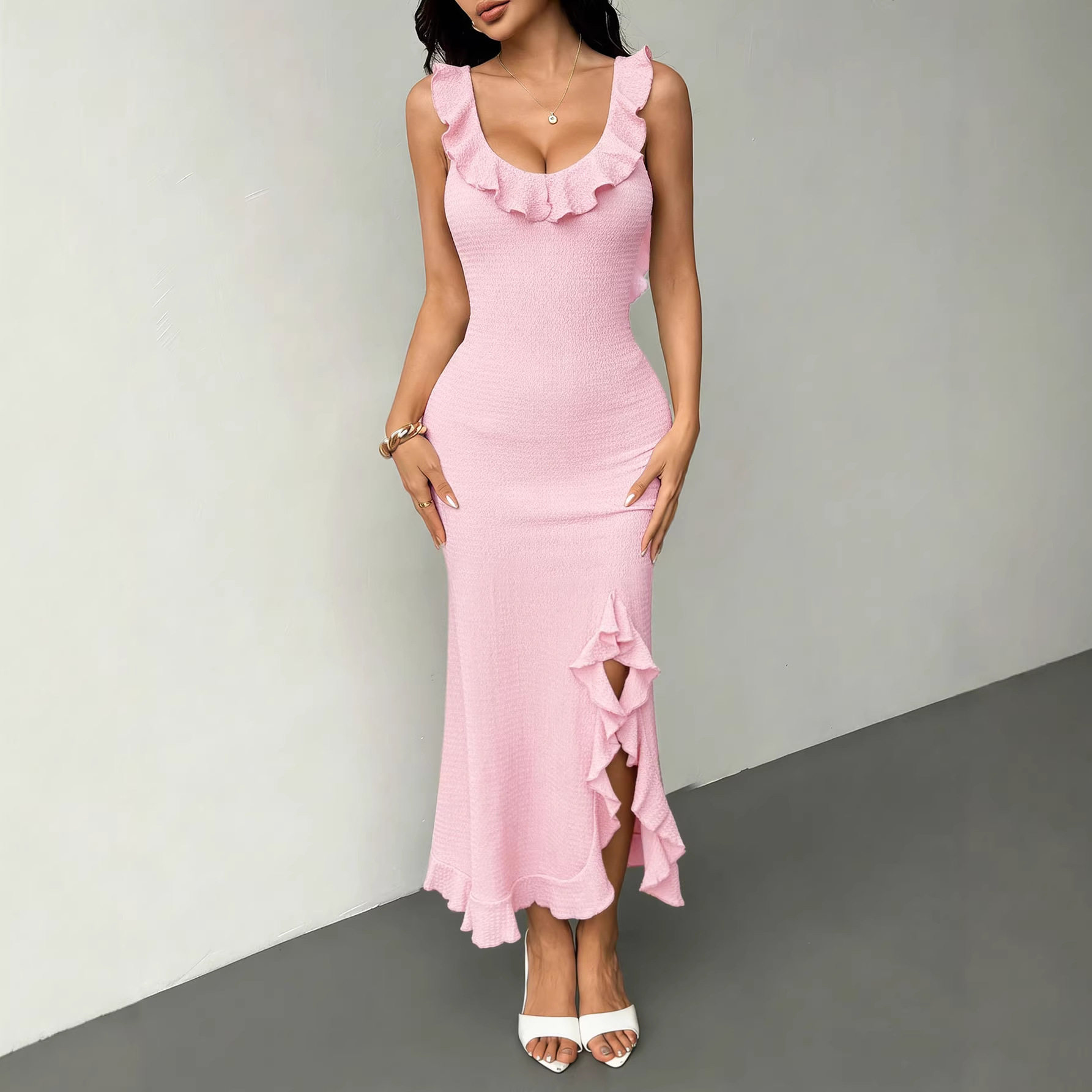 Pink Ruffled Backless Maxi Dress Slim Fit High Slit Summer Style Perfect for Parties and Events Wholesale Available