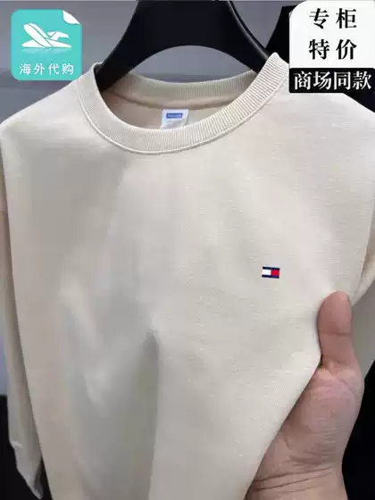 Authentic Tommy Tommy Round Neck Sweatshirt Men's Spring Long-Sleeved Loose Casual Trendy Brand T-Shirt Pure Color Versatile Top Men