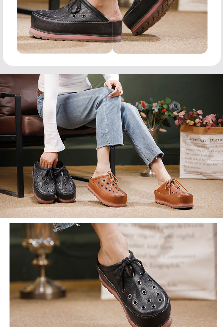 Dép sandal nữ mũi tròn bọc đầu da bò đục lỗ thoáng khí — màu đen, Màu nâu