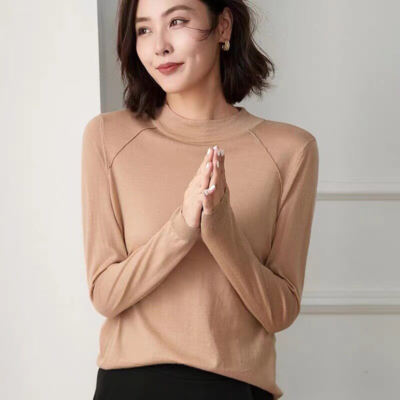 100%美丽诺羊毛衫2025秋冬圆领纯色修身显瘦气质针织衫打底衫