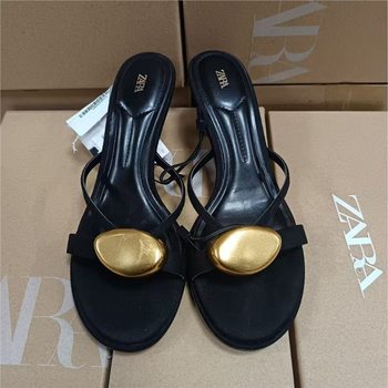 Za2025 Autumn Round-Toe Metal Buckle Versatile Flat Sandals for Women Cross-Strap Casual Outdoor Fashion Shoes Low Heel