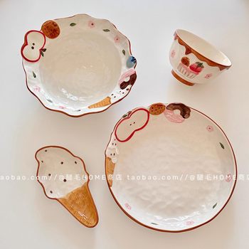 Handmade Embossed Underglaze Ceramic Tableware Set, Including Flavor Plates, Rice Bowls, Soup Noodle Bowls, Salad Pasta Soup Deep Plates