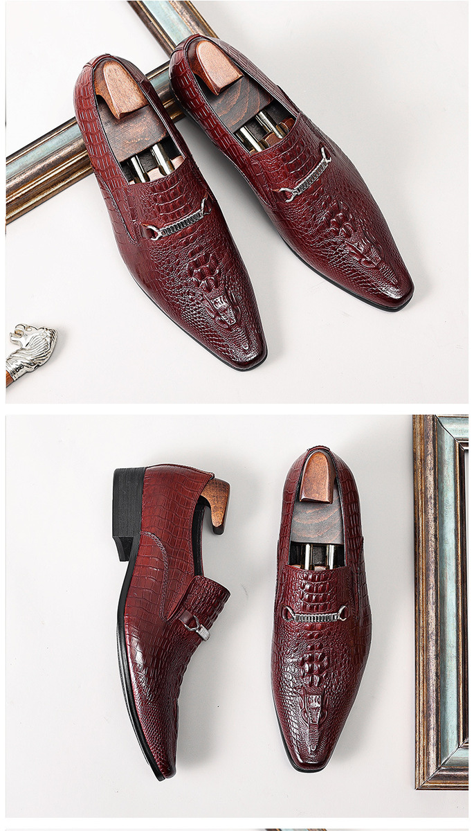 Giày lười nam mũi nhọn da bò thật dập nổi, giày slip-on công sở — Màu đen, Màu đỏ rượu