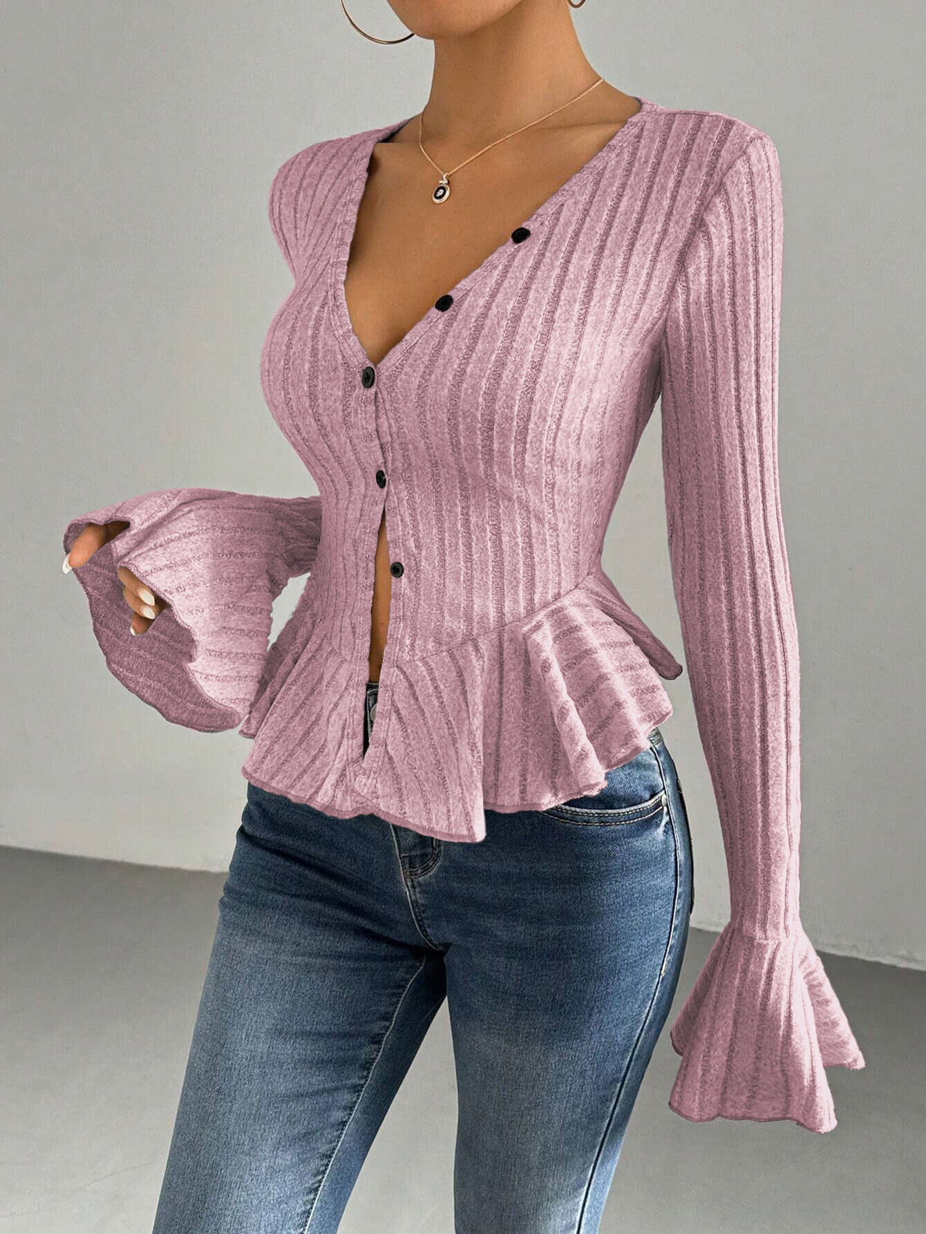 Elegant Womens T Shirt V Neck Ruffle Hem Slim Fit Spring Summer Fashion Wholesale Available