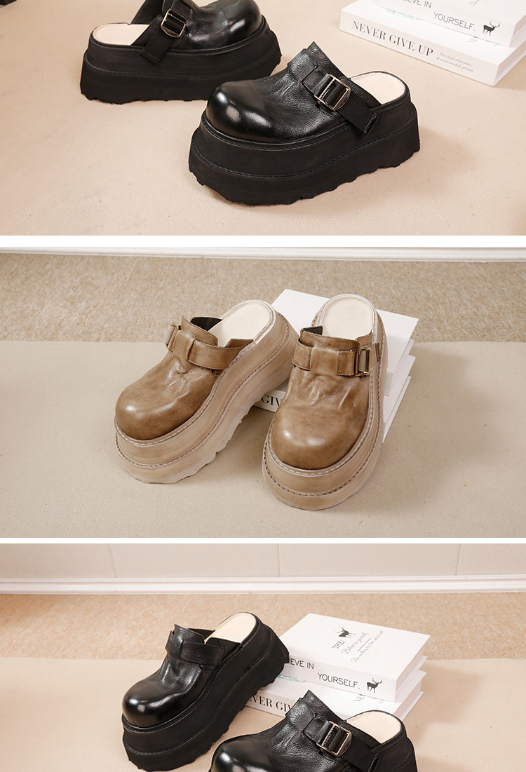 Dép sandal nữ bít mũi da bò đế dày êm chân — Màu đen, Màu đỏ, Màu kaki