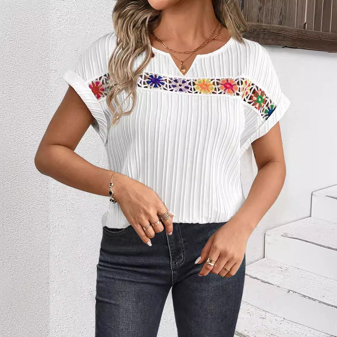 V Neck Short Sleeve Floral Patchwork Top Summer Style Elegant Design Womens Fashion Wholesale Available