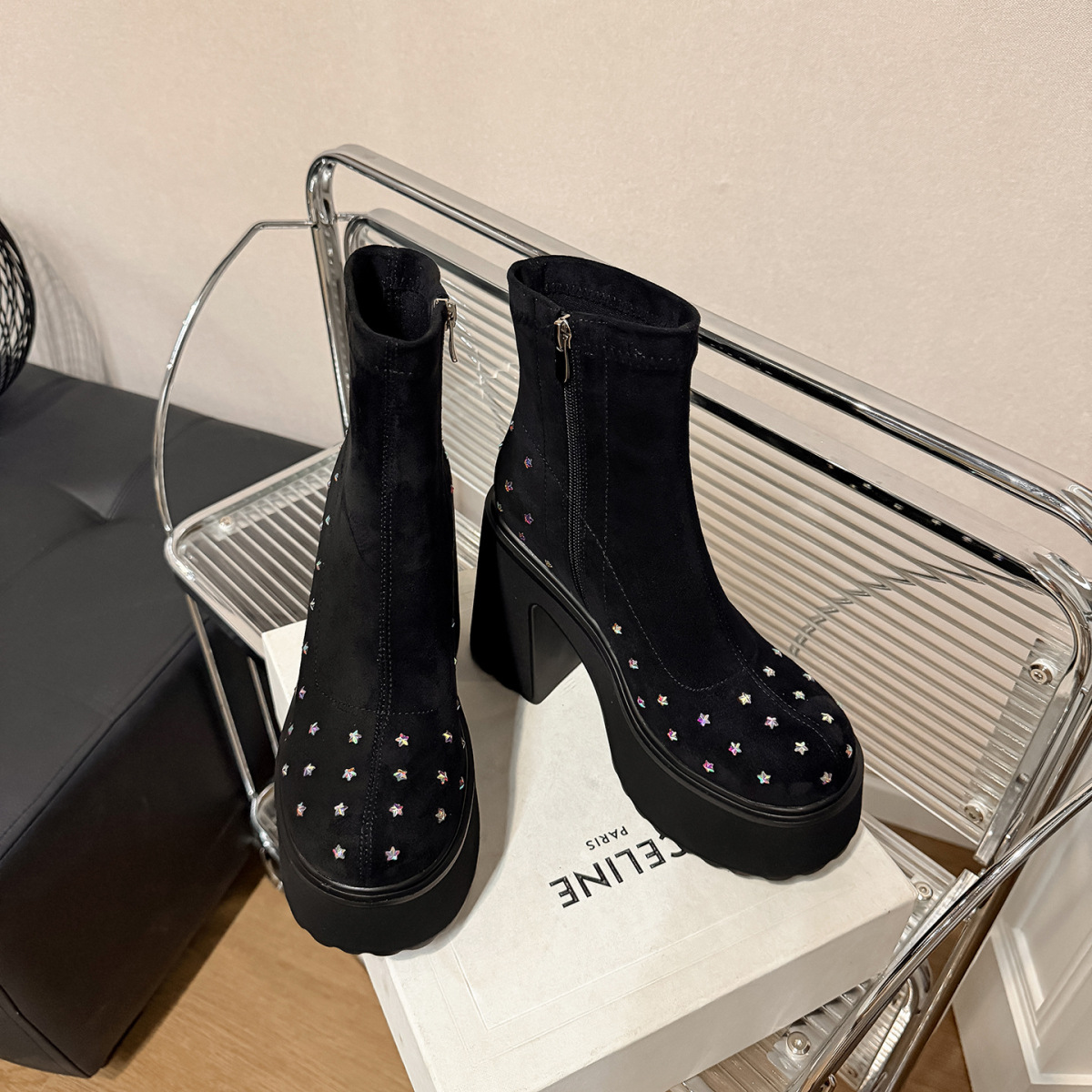 Boot nữ cổ ngắn đế dày khóa kéo bên hông, gót thô tăng chiều cao — Lớp lót đơn màu đen, Lớp lót đơn màu xanh lá, Lót nhung đen, Lót nhung xanh lá
