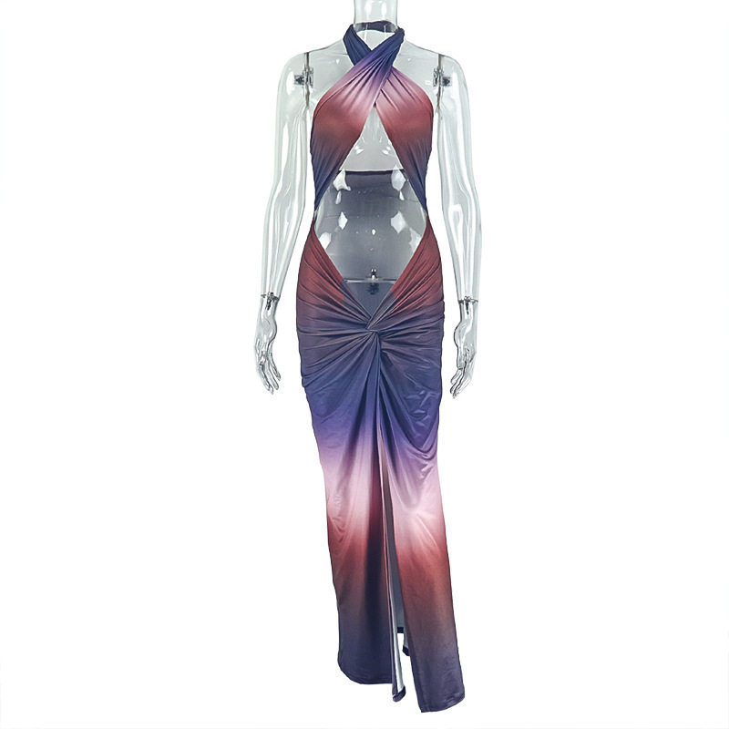Gradient Color Print Bodycon Dress Sexy Halter Neck High Slit and Cropped Design Perfect for Parties and Night Out