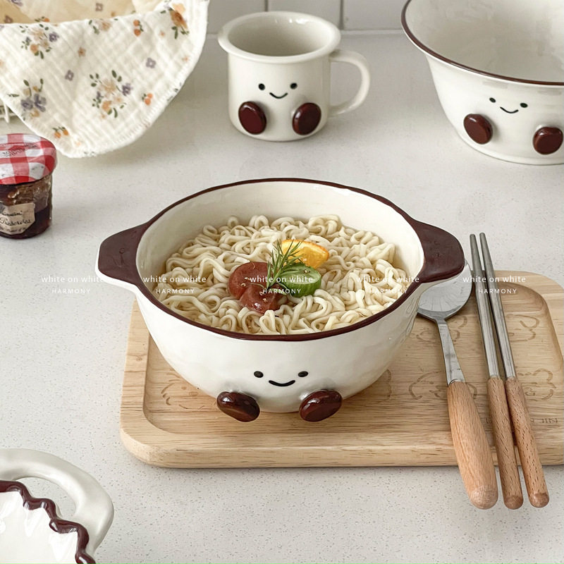 Especially Beautiful Double-Eared Bowl, Cute Instant Noodle Bowl with Handle, Dessert Yogurt Bowl, Ceramic Kidsren's Food Supplement Bowl, Soup Bowl
