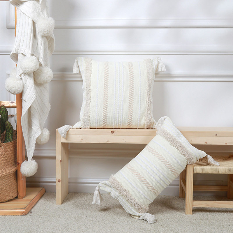 Geometric Tufted Pillow Tassel Off-White Stripesd Xiaohongshu Model Room Amazon Home Living Room Sofa Cushion Cover