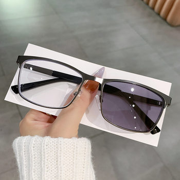 Men's New Business Pc Photochromic Glasses Square Steel Frame Myopia Glasses Anti-Blue Light Full-Frame Glasses Photochromic Glasses