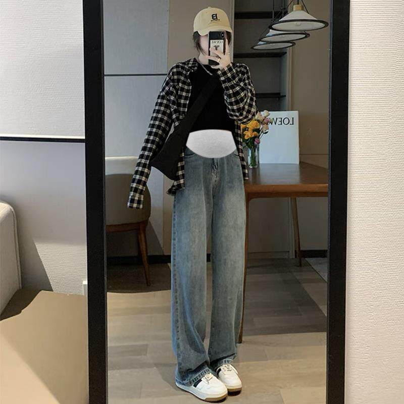 9513 Maternity Wide Leg Jeans Loose Autumn Outerwear Slim Drape Straight-Leg Floor-Mopping Pants High Waist Belly Support Trousers