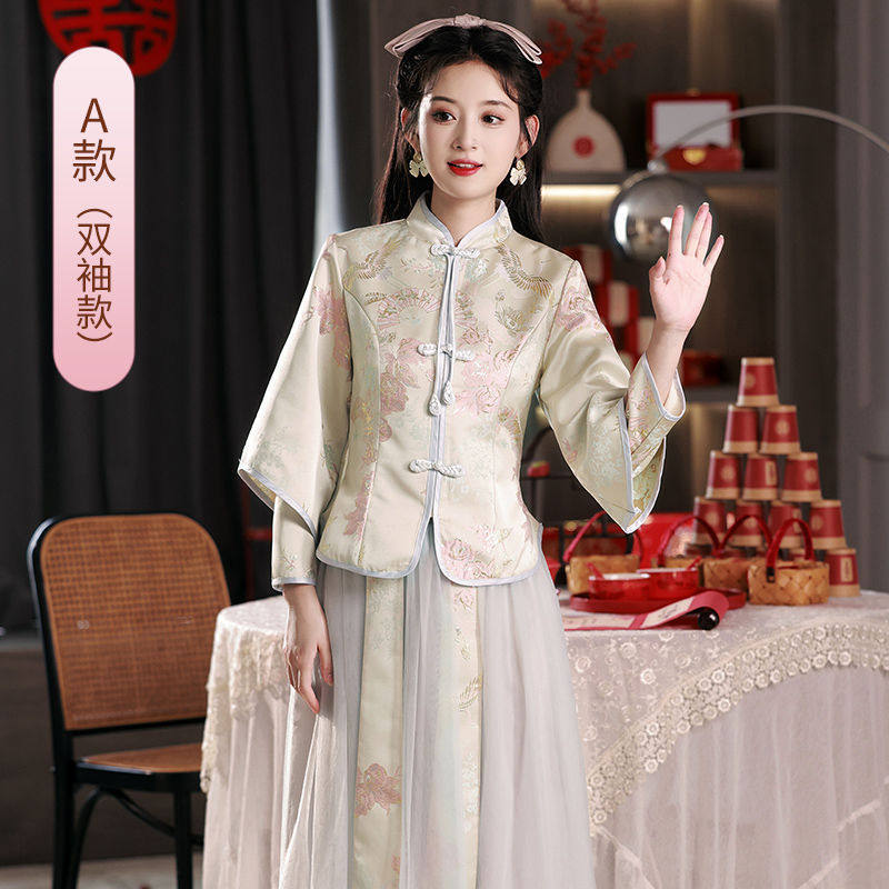 chinese style bridesmaid dresses Yu Bai Xin Qingshan Line New Chinese Style Blue Butterfly Dress Set Green dress, Tencel jacquard / Small size main image 0