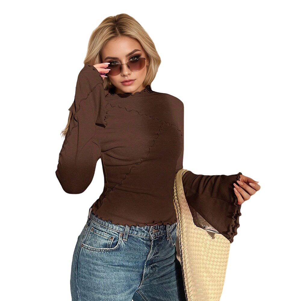 Slim Fit Long Sleeve Top High Neck Ruffle Trim Bell Sleeves Sexy Style for Parties or Casual Wear Wholesale