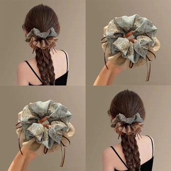 2025 New High-End Retro Floral Ribbon Scrunchie Large Bun Hair Tie Hair Rope
