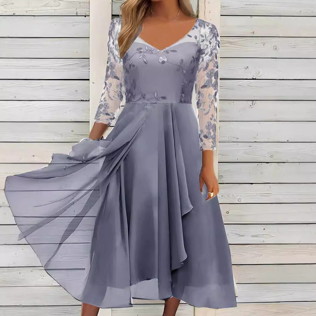Chiffon V Neck Long Dress with Lace Inserts Elegant Evening Gown for Bridesmaids Available in Multiple Colors and Sizes