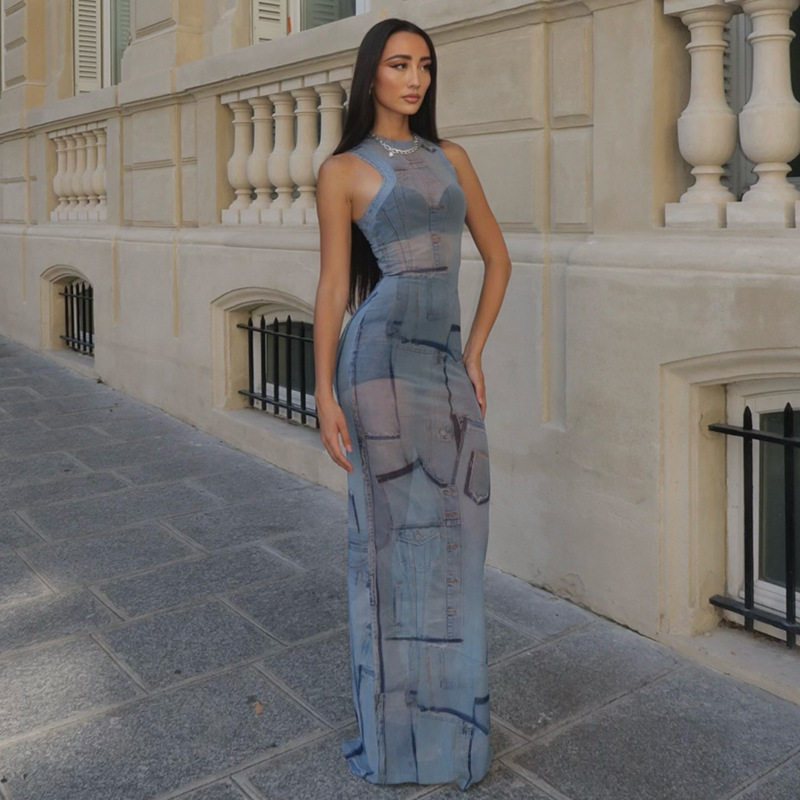 Fashionable Womens Bodycon Maxi Dress European Style Sleeveless Halter Neck Denim Patchwork Perfect for Parties