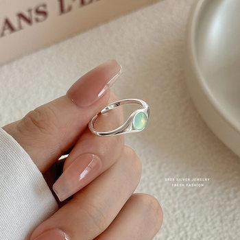 S925 sterling silver green opal ring women's trend minimalist all-match frigid wind opening adjustable ring