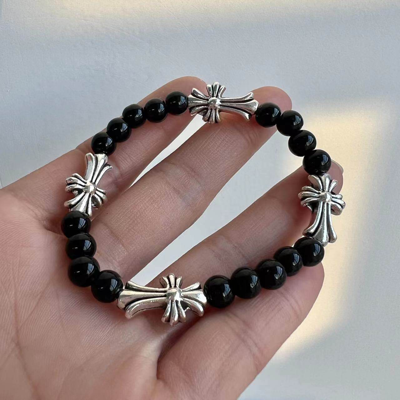 Simple personality cross bracelet sweet cool temperament all-match cold style neutral couple black beaded bracelet bracelet