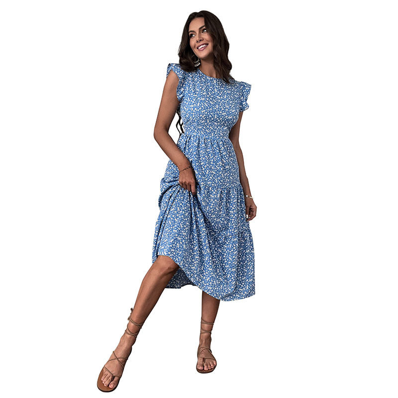 Summer Midi Dress High Waist Blue Floral Print Fresh and Sweet Style Perfect for Casual Outings Wholesale Available