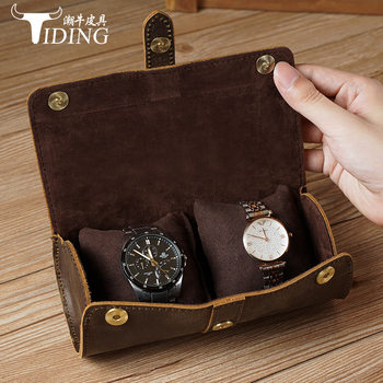 Trendy Cross-Border Crazy Horse Leather Watch Storage Box Portable Handbag with 2 Watch Slots for Couples, Genuine Leather Jewelry Watch Box