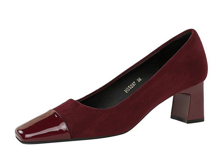 Giày cao gót nữ gót vuông mũi vuông phối màu chất liệu nhung mềm — Đỏ Ancora, Màu đen, Màu nâu đậm, Vân báo