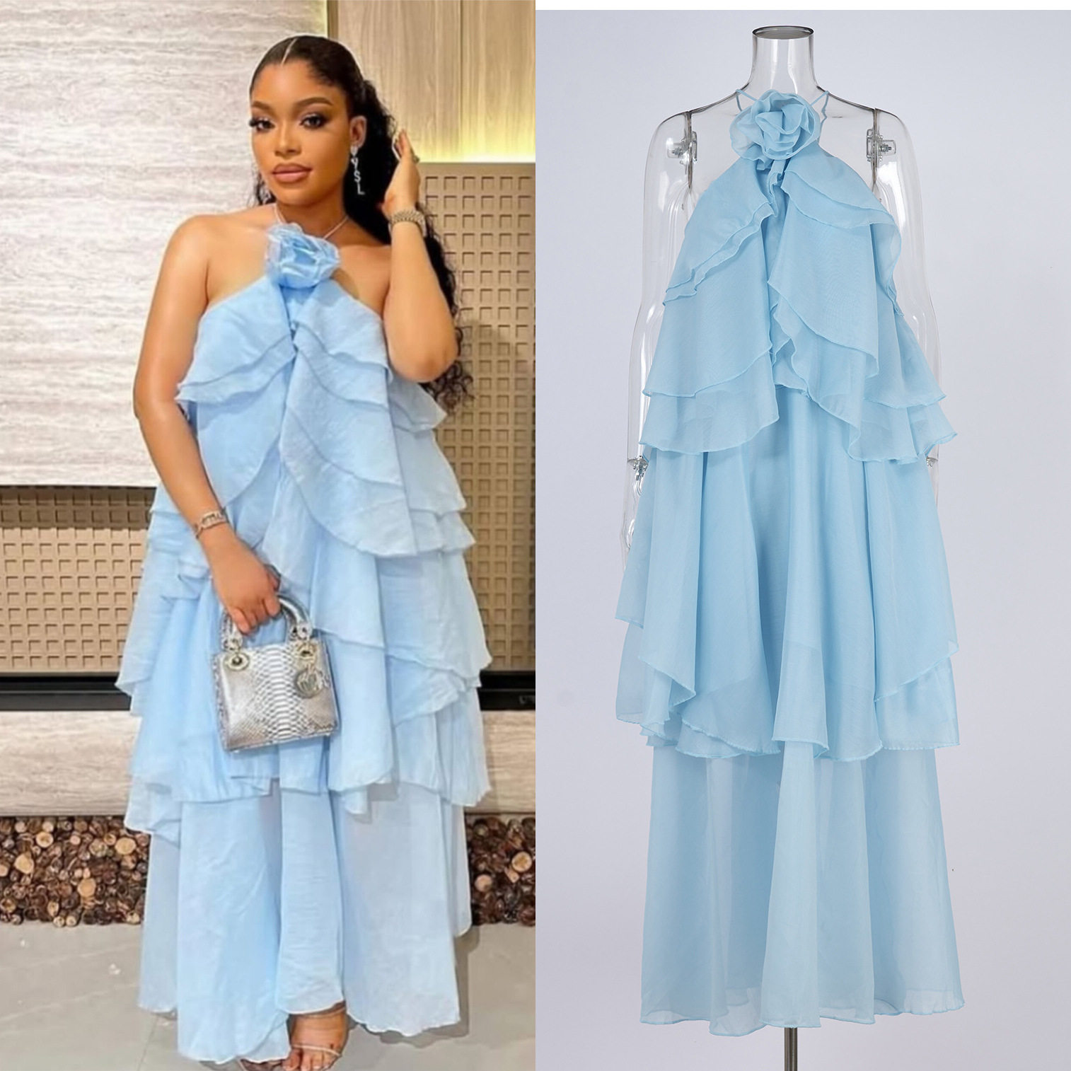 Backless Ruffle Hem Maxi Dress Elegant Floral Embellishments Vacation Style Wholesale Available